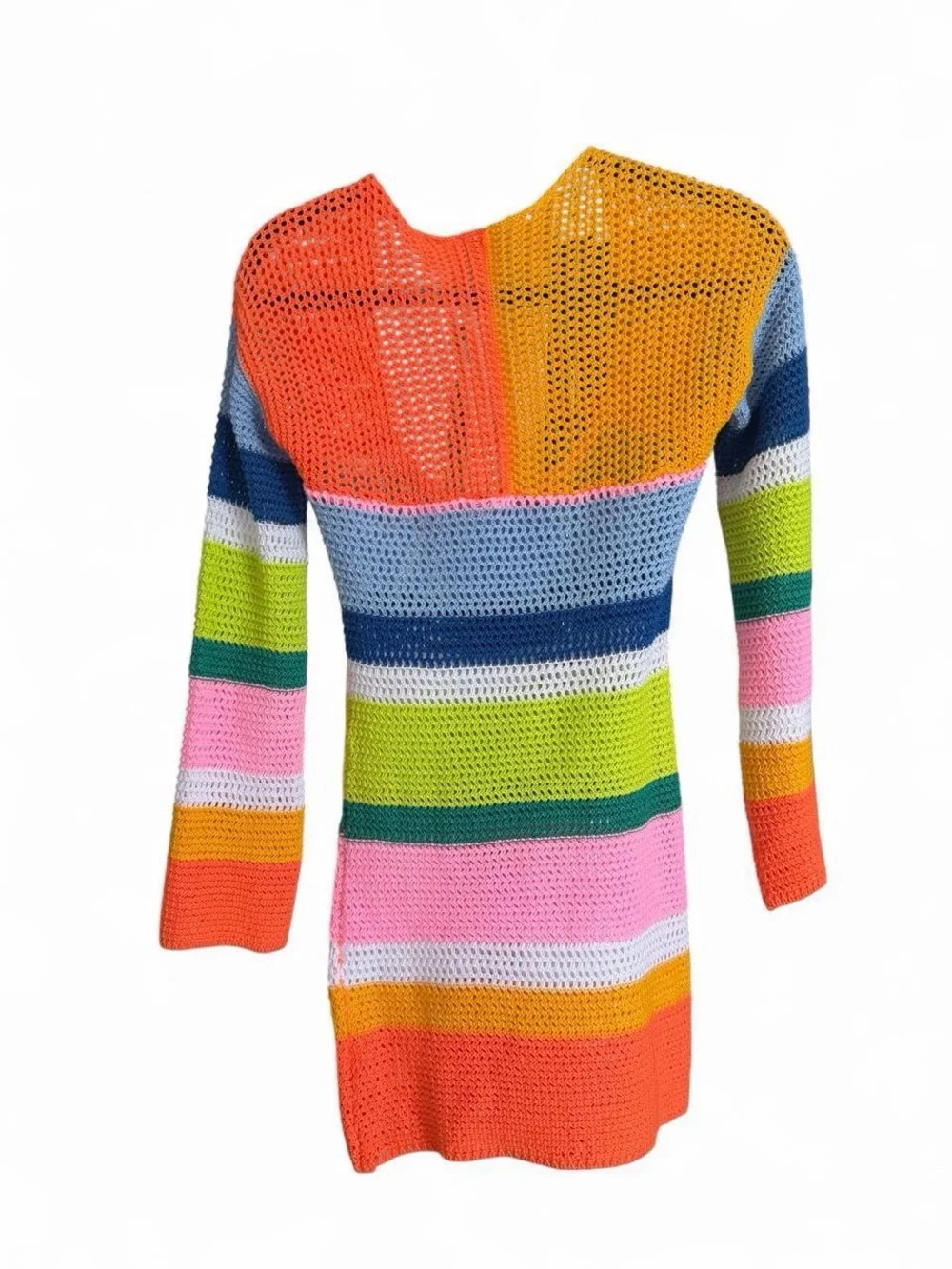 Women’s Multi-Color Crochet Cover-Up Dress - Vibrant Stripe Beachwear